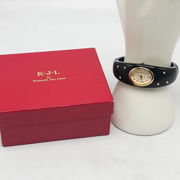 KJL By Kenneth Jay Lane Black Bangle Bracelet Watch Gold Accents Japanese Move't - Picture 1 of 6